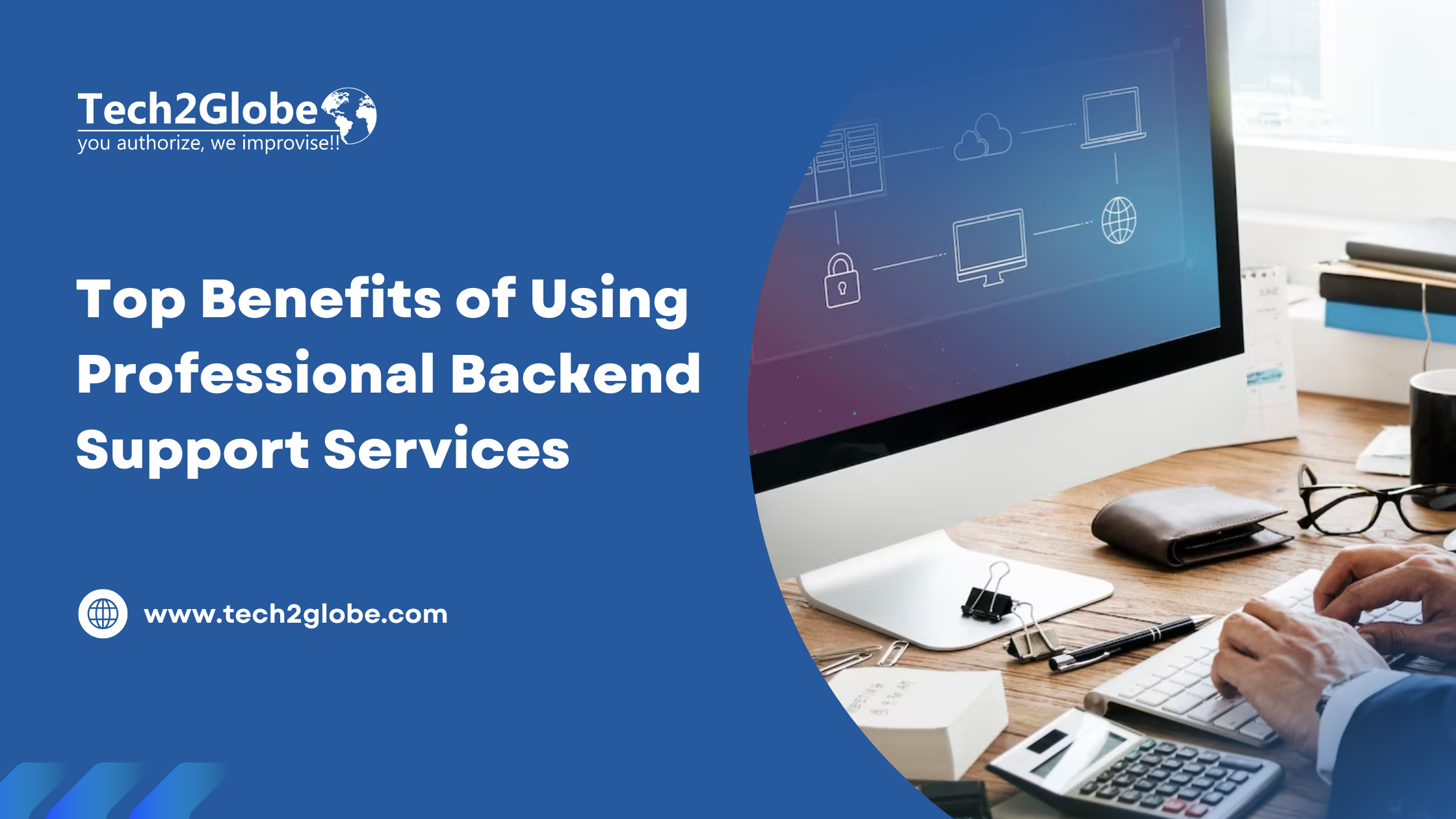 Tech2Globe promotional banner showcasing benefits of backend support services with computer and data icons
